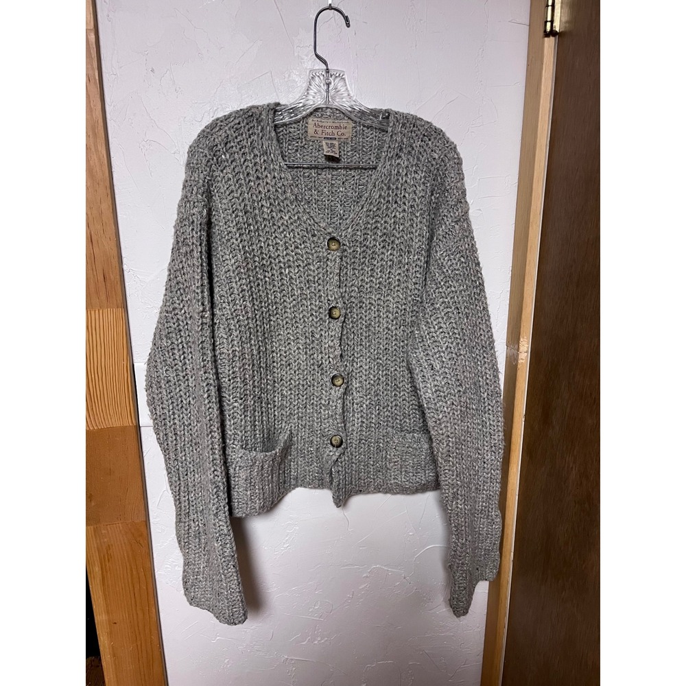 Vtg Abercrombie & Fitch Grey Wool Angora Blend Chunky Knit Cardigan Sweater M